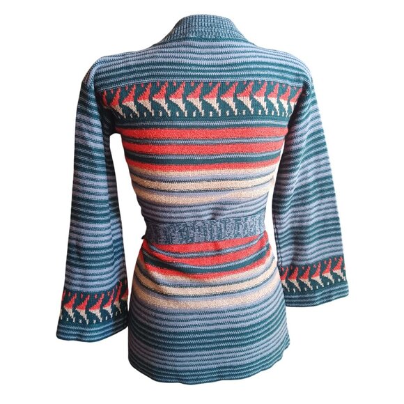 Vintage True Boho Jantzen Striped Knit Cardigan Belted Waist Wooden Buttons 70's - Picture 6 of 7